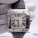Perfect Replica Cartier Santos 100 43mm Quartz Watch For Sale - Men Size 316 Steel Case Black Leather Strap